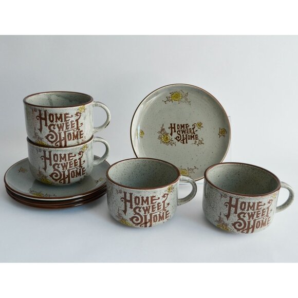 Vintage Home Sweet Home Gray Speckled Stoneware Japan Plates & Mugs Set - Picture 1 of 10